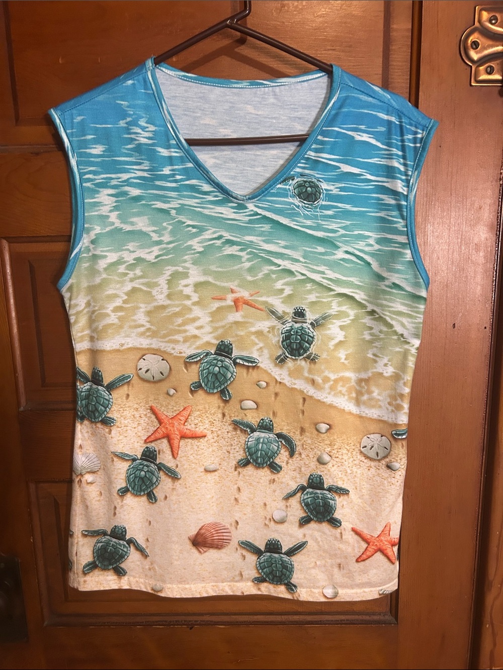 Turtle & Beach Print V-Neck Sleeveless Top - Blue Green Coral